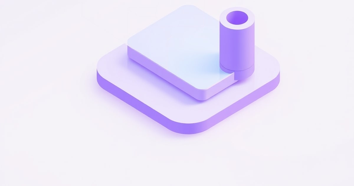 Purple isometric illustration of a rounded square base slab topped by a pale flat panel beside a short hollow cylinder, evoking a keycap and switch.