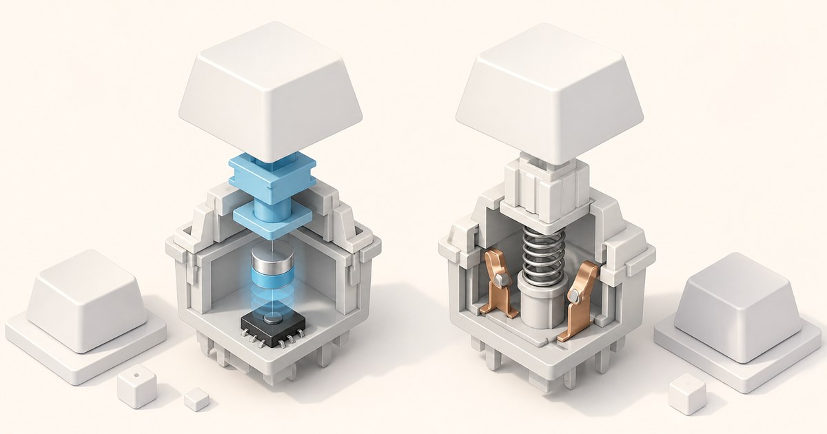 Two cutaway keyboard switches rendered side by side, one with a glowing magnet above a sensor chip, the other with a coil spring and copper contacts.