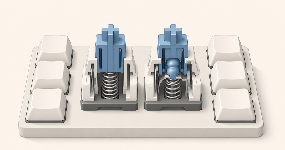 Cutaway render of two blue-stem mechanical keyboard switches with exposed springs, one smooth and one with a tactile bump, flanked by blank white keycaps.