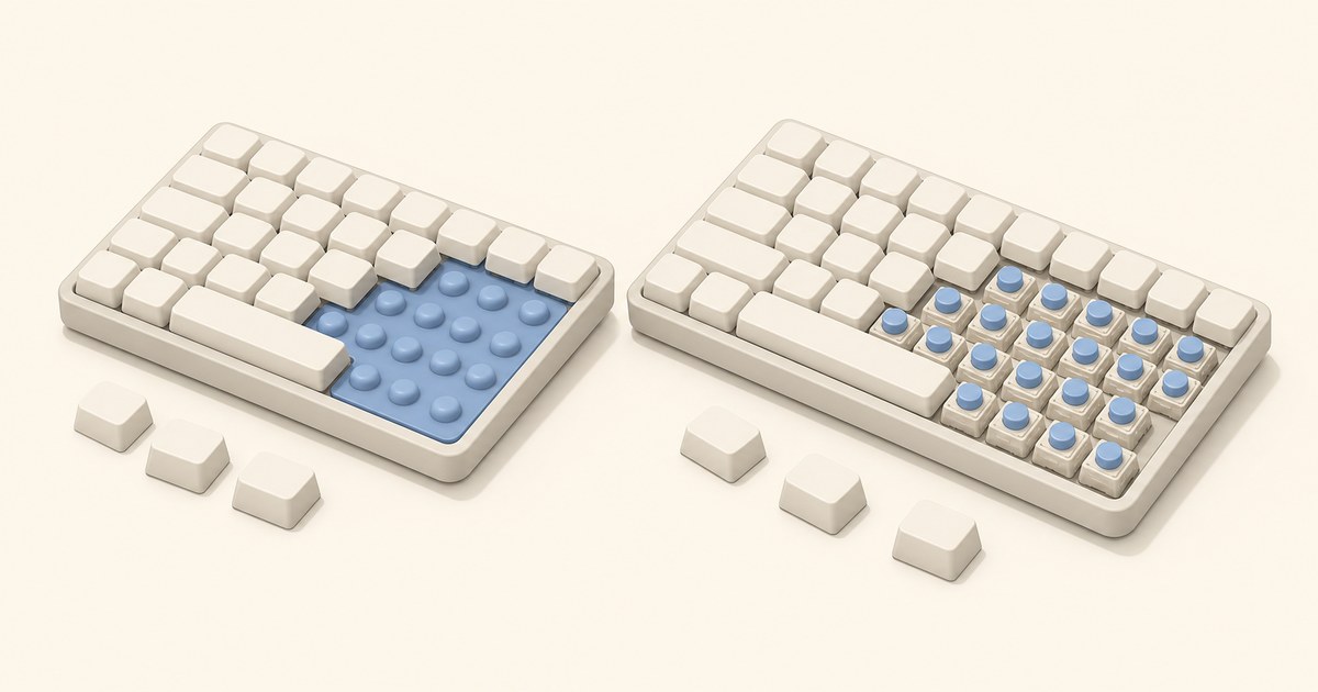 Two cream keyboards with blank keycaps removed to expose a blue rubber-dome membrane sheet on one and blue-stem mechanical switches on the other.