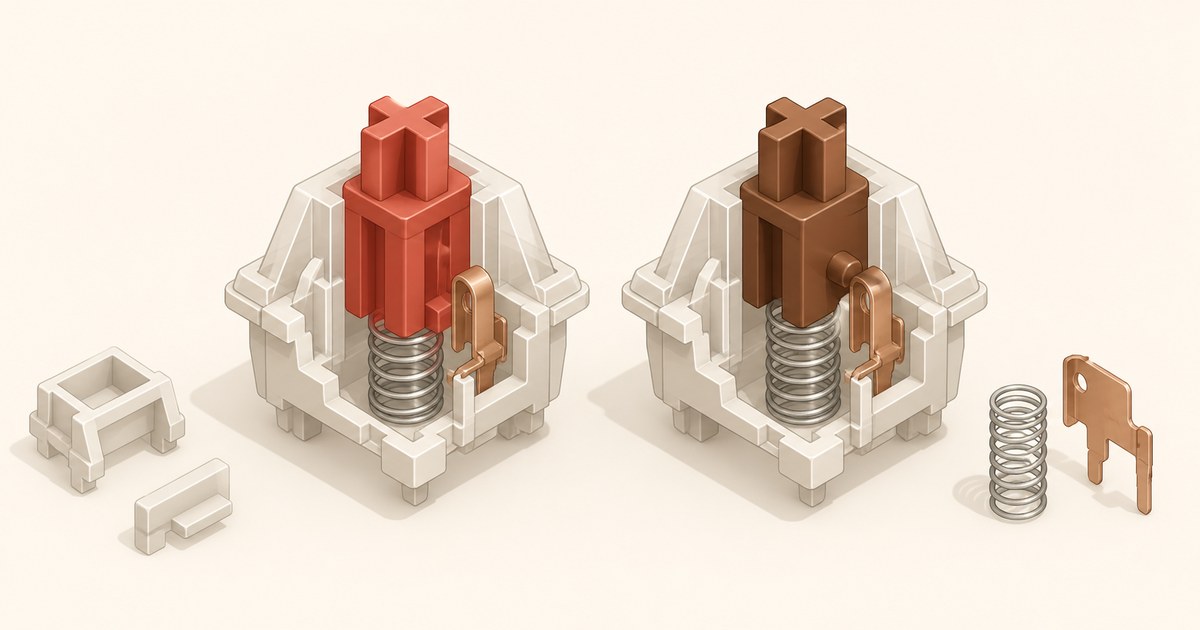 Isometric cutaway of two mechanical keyboard switches, red-stem linear and brown-stem tactile, with springs, copper leaves and loose housing parts.